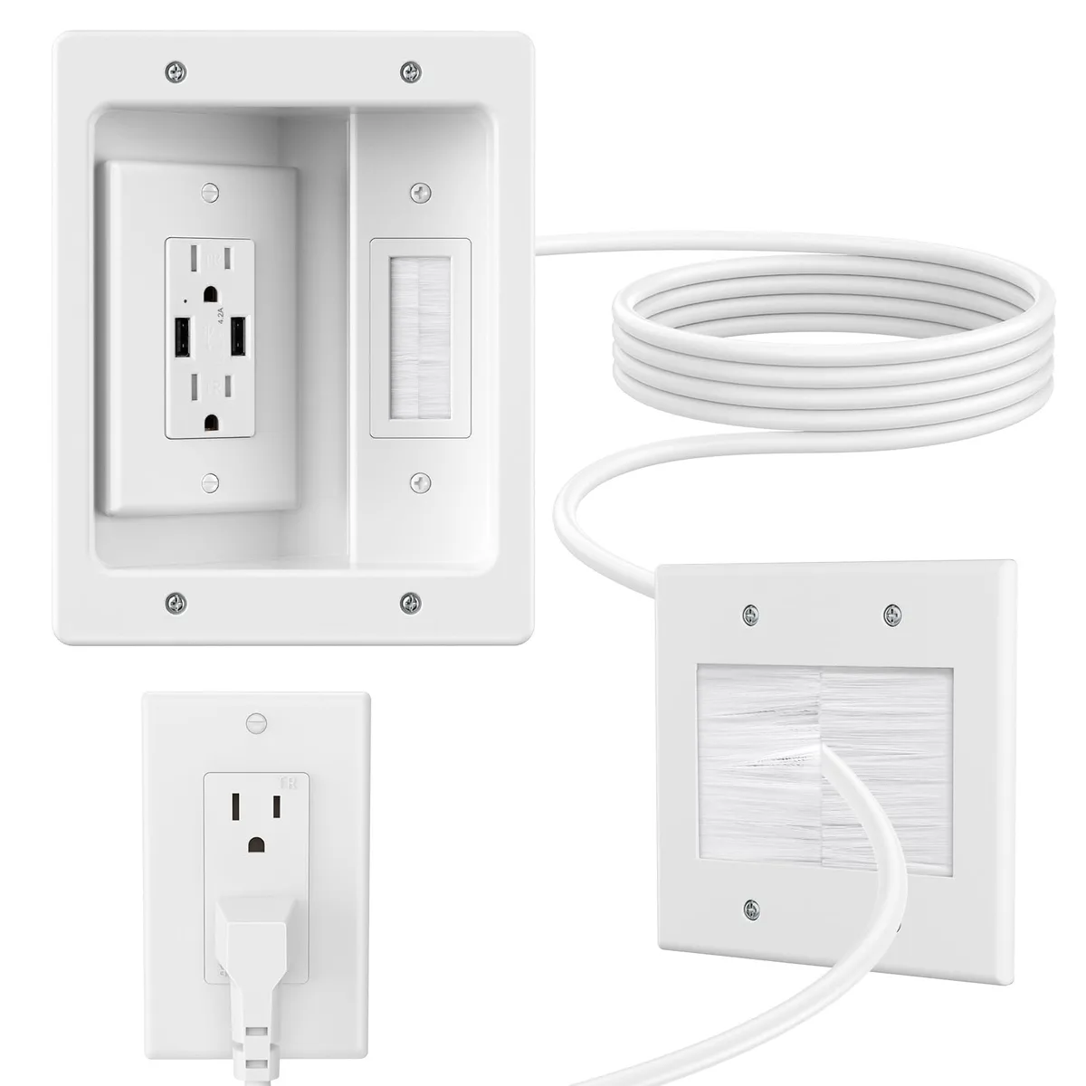  Celendor In-Wall Cable Management Kit with Brush Plate, AC Outlets &amp; USB-A Ports, 9.8" Cord — product photo