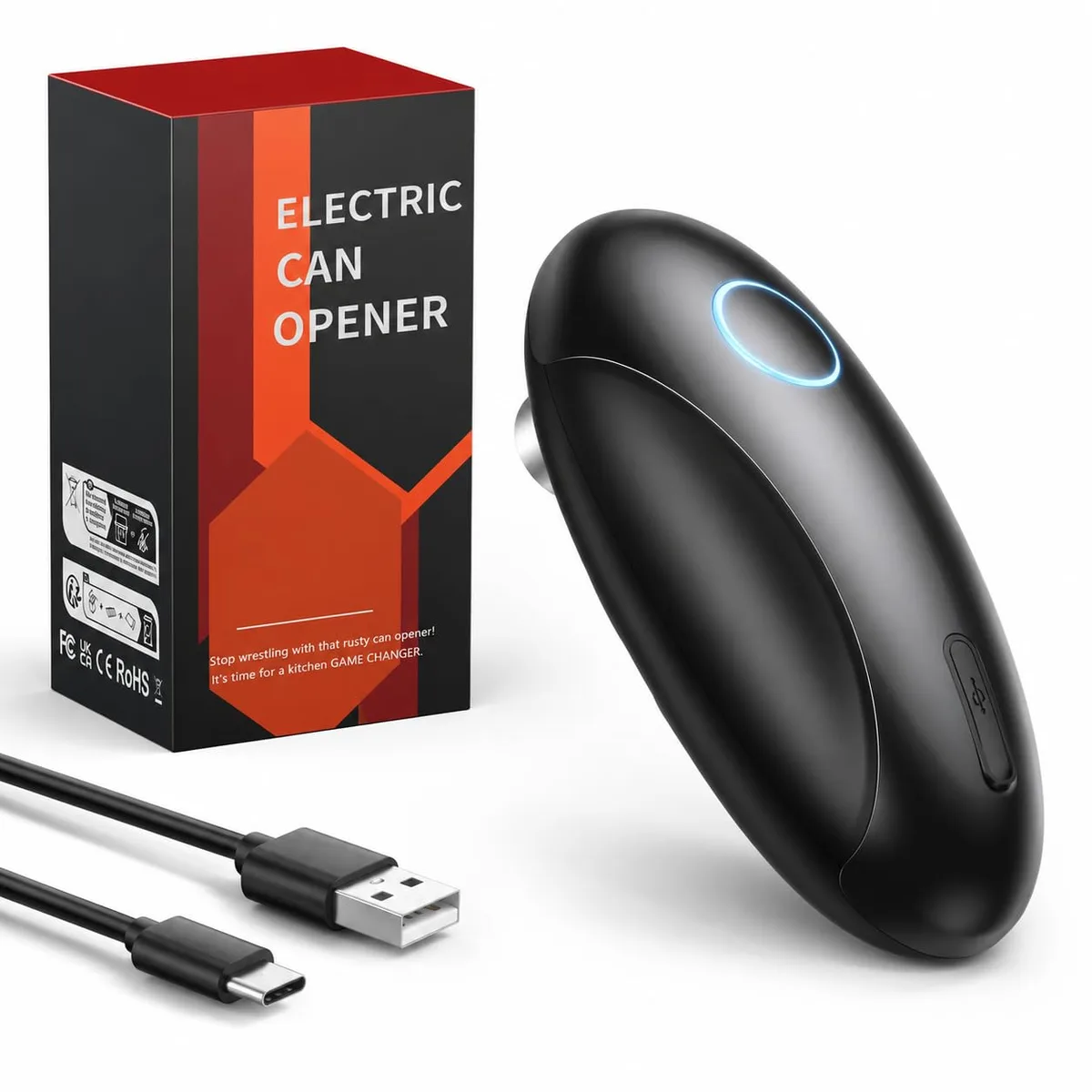 Black rechargeable electric can opener with compact plastic body and single button