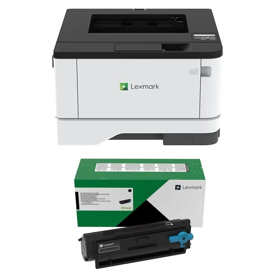 Compact grey laser printer box with toner cartridge box alongside