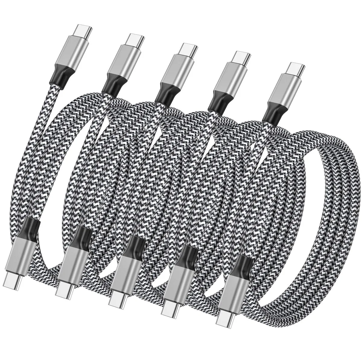 Five silver braided USB-C cables coiled together, each three feet long