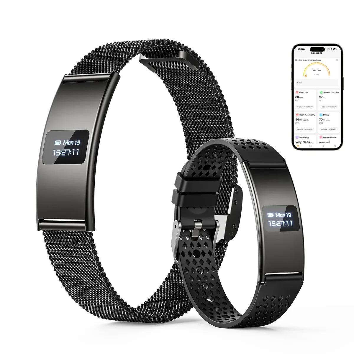 Black HTC B8 smart bracelet with 1.04 inch screen, ultra-slim 2.8 mm body, two bands