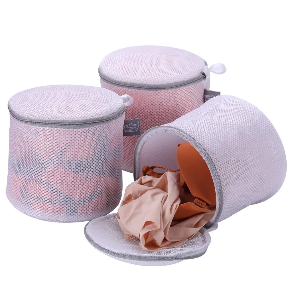 Three white square mesh laundry bags with protective zipper covers and small handles