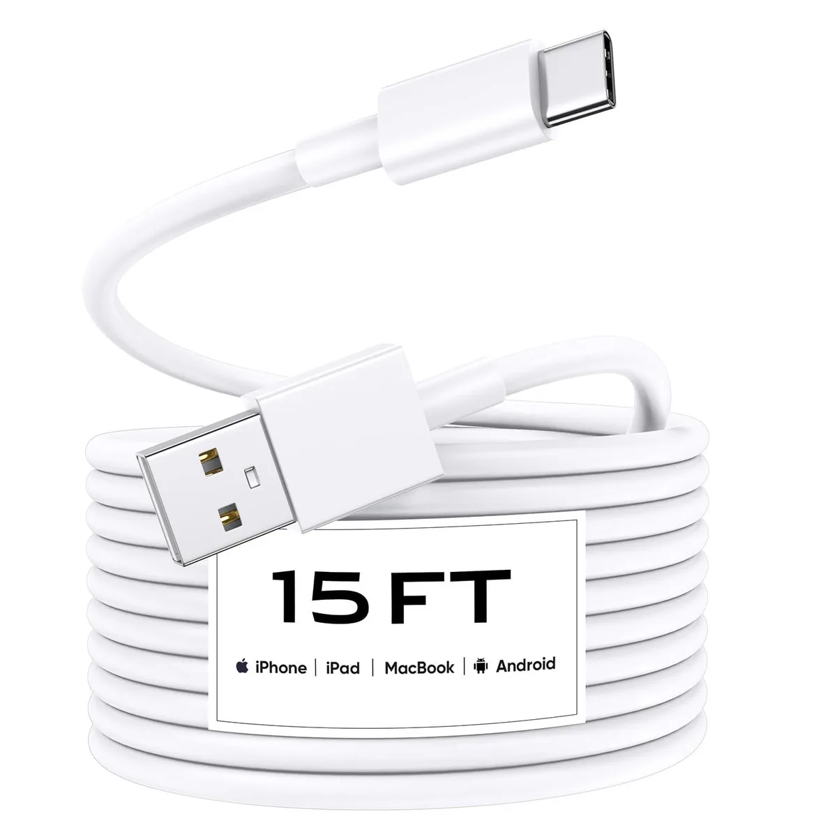 White USB-A to USB-C cable coiled, fifteen feet long