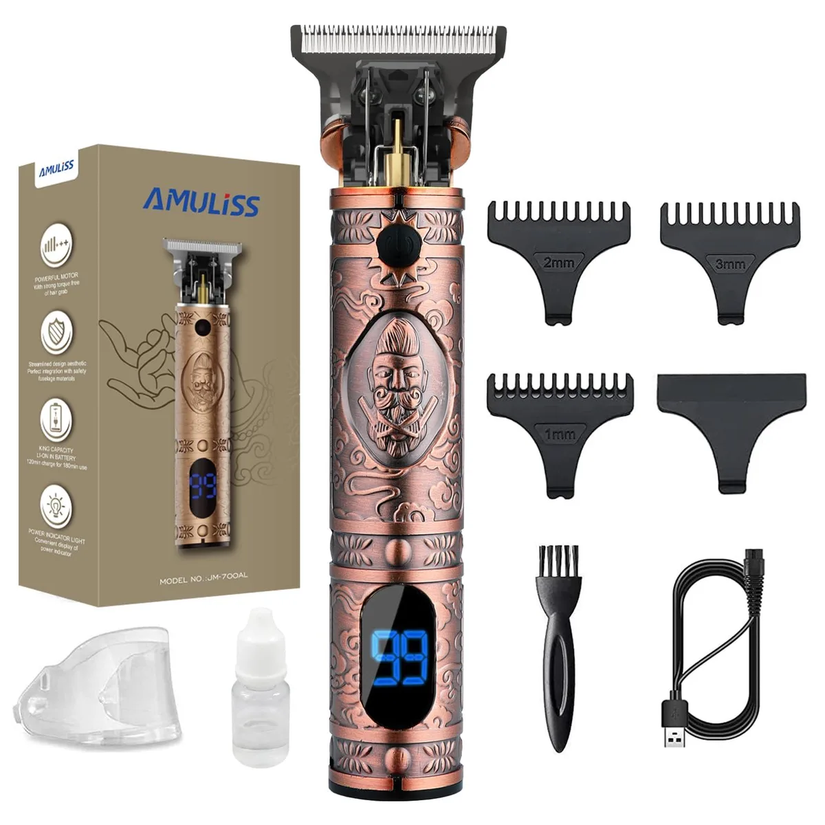 Rose gold metal beard trimmer with LCD display and T-shaped blade