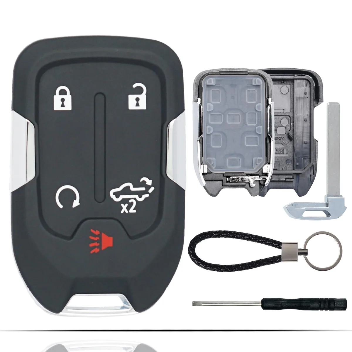 Black plastic five-button key fob shell with silver key blade blank