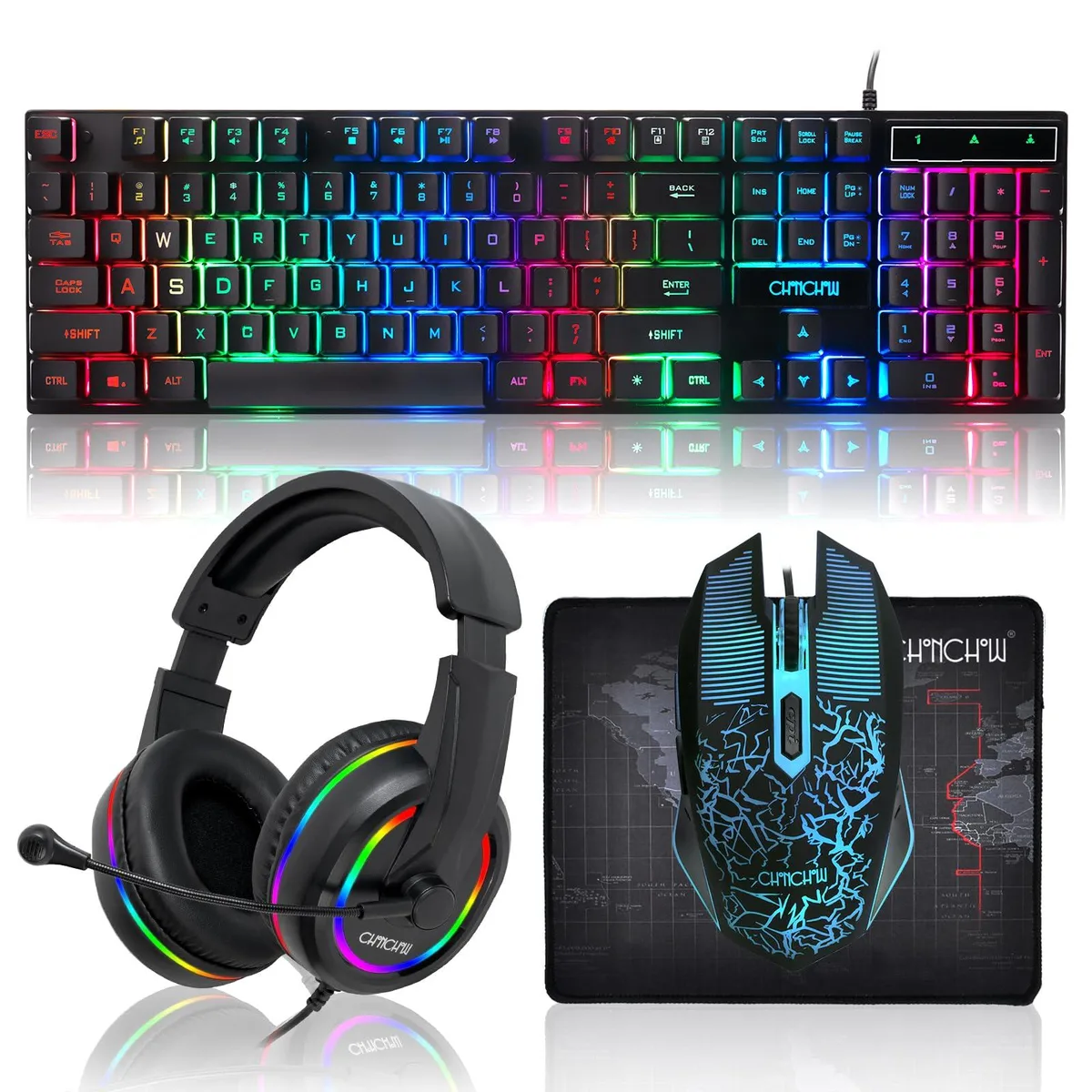 CHONCHOW Gaming LED Keyboard Mouse Headset Mousepad Bundle Wired Rainbow 4-in-1 — product photo
