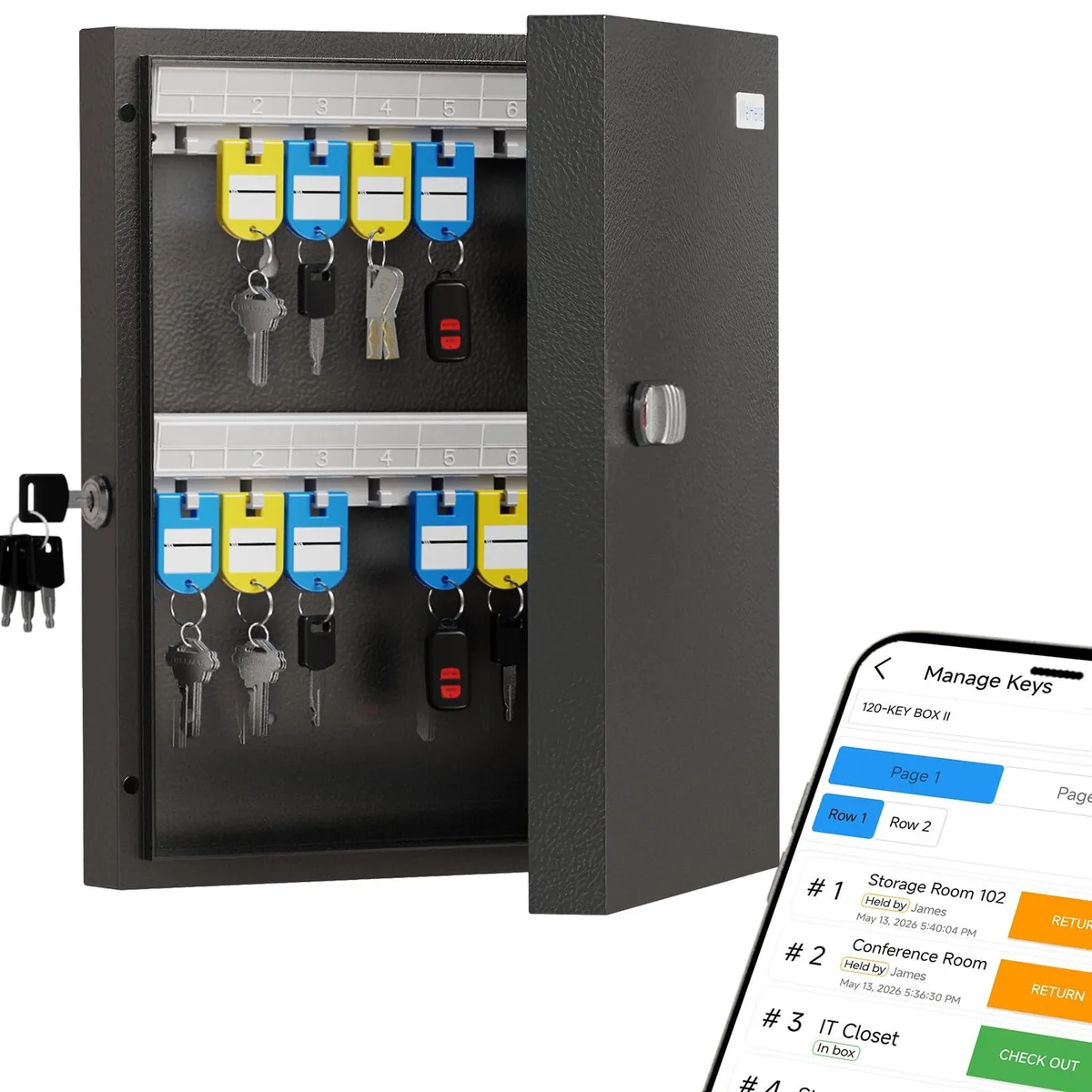 Black metal wall-mounted key cabinet, 14.6 by 10.8 by 2.5 inches, holds 32 keys on numbered hooks