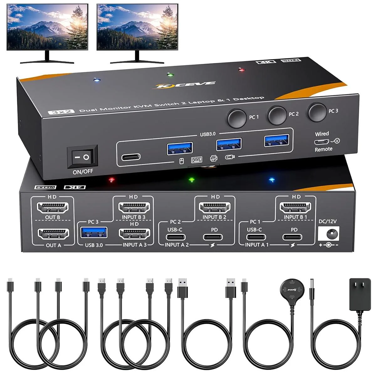 IHDAPP IHDAPP KVM Switch 2 Monitors 3 Computers USB C 4K@60Hz 85W PD Wired Remote — product photo