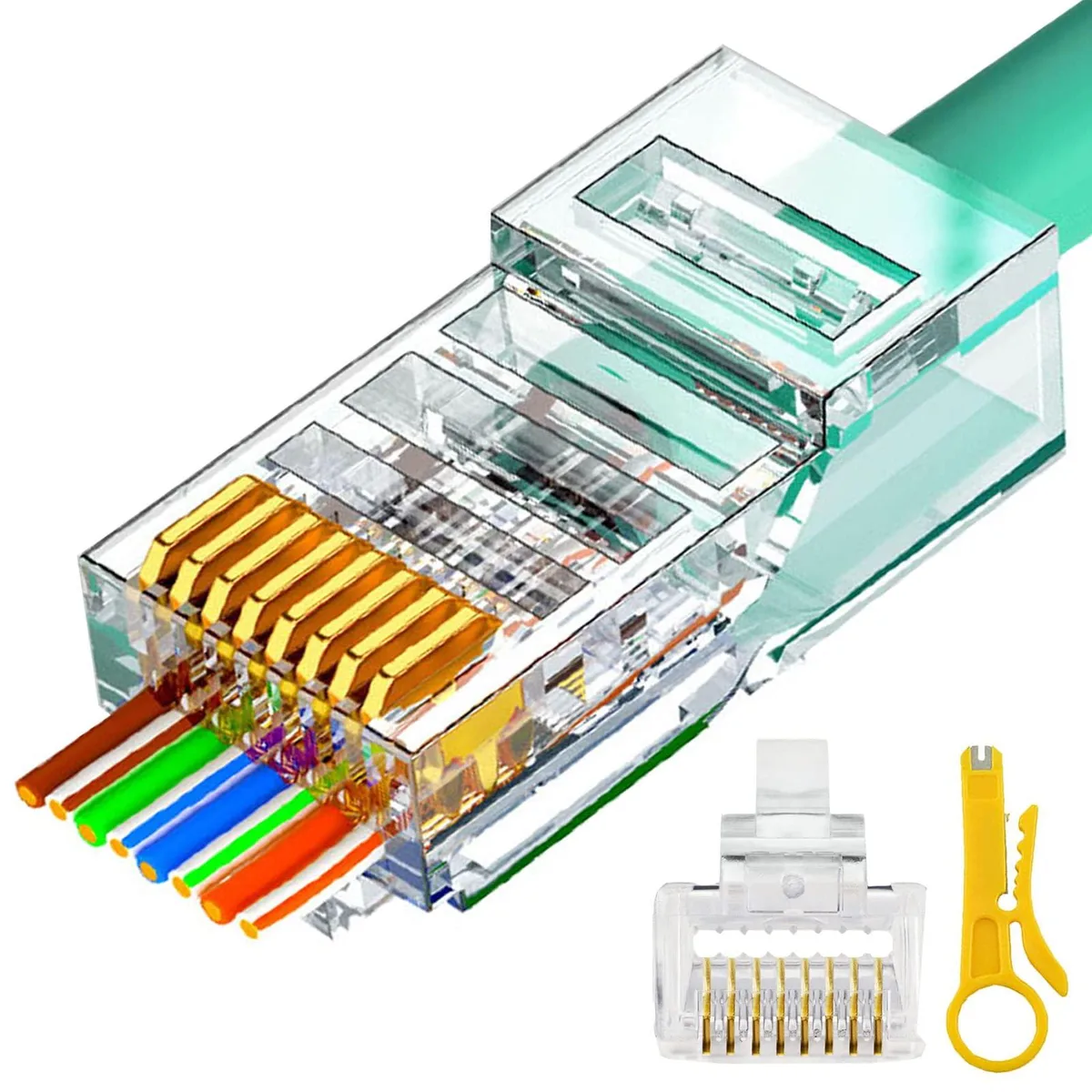  PETECHTOOL RJ45 Cat6 Pass Through Connectors 100 Pack Gold Plated 3 Prong 8P8C Male-to-Female — product photo
