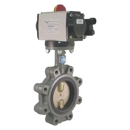 Eight-inch cast iron butterfly valve with pneumatic double-acting actuator, grey industrial finish