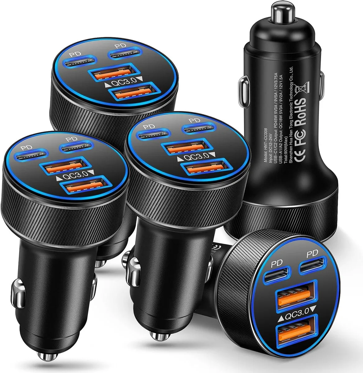 Hamzan Hamzan 90W 4-in-1 Car Charger 2×USB-C 2×USB-A Black 5-Pack — product photo