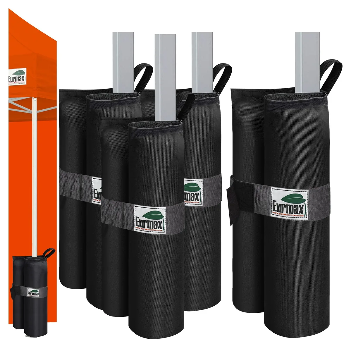 Four white fabric weight bags with wrap-around straps and top handles