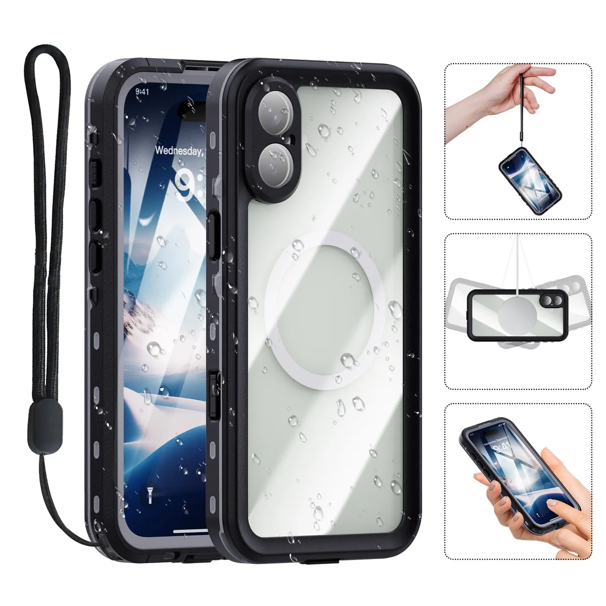 Black waterproof case for iPhone 16 Plus with built-in screen protector and MagSafe ring