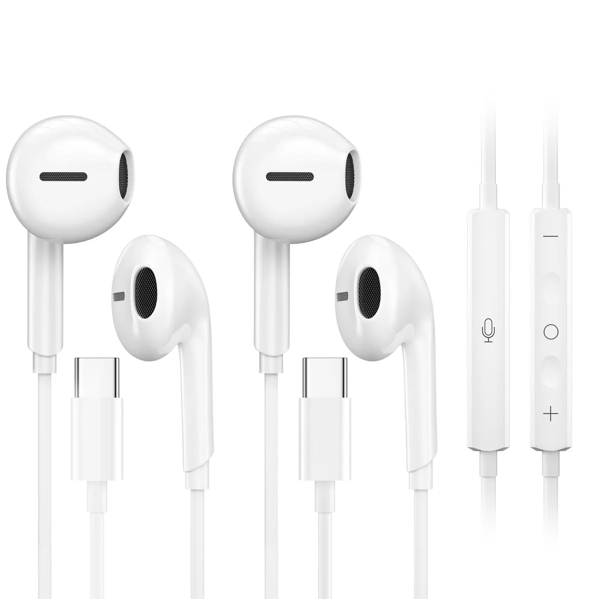 Two white USB-C in-ear earbuds with inline controls