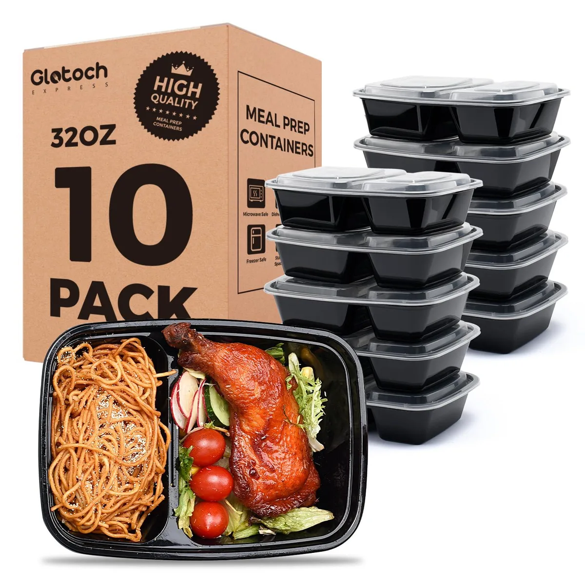 Ten red 32 oz two-compartment food containers with matching lids, stacked in a set