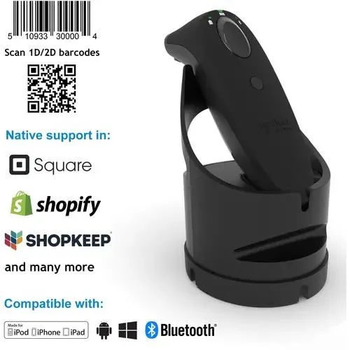 Black barcode scanner with matching black dock
