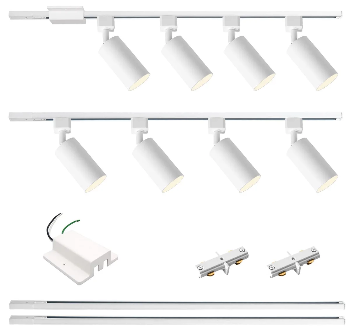 White 6.6ft H-type track rail with eight adjustable aluminium spot heads and floating canopy connector