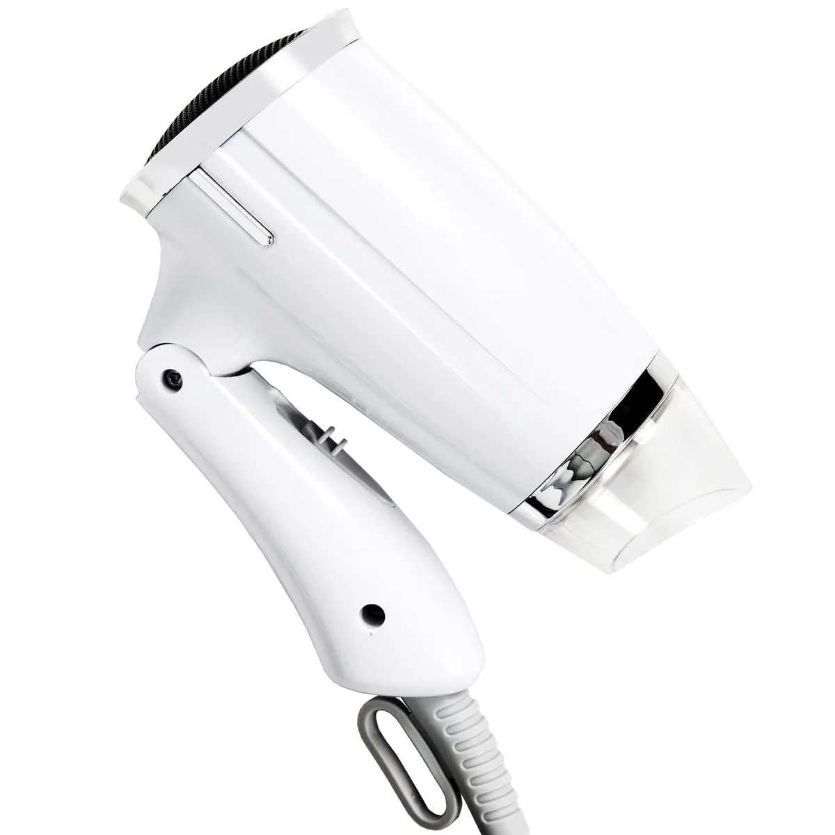 White folding hair dryer with compact folded form and hanging loop