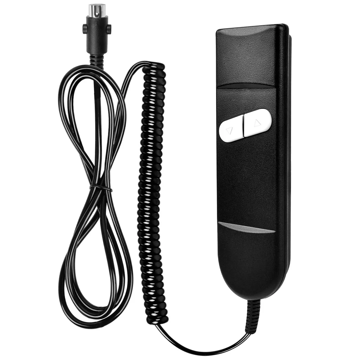 Black plastic two-button hand control with round five-pin connector and coiled cord