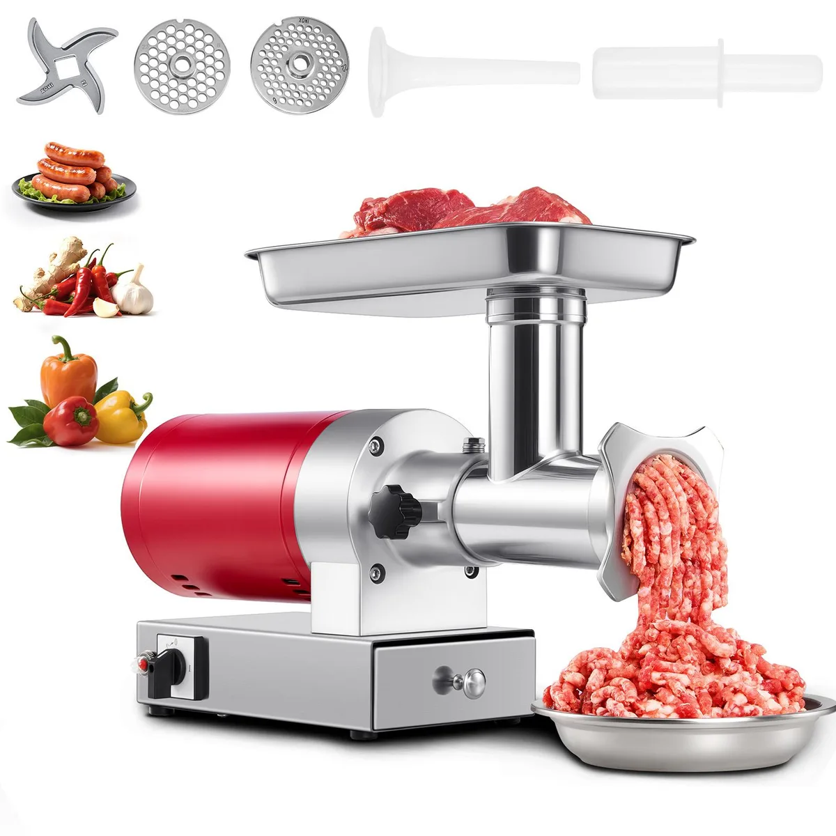 Red stainless steel electric meat grinder with large meat tray, pusher, and two grinding plates
