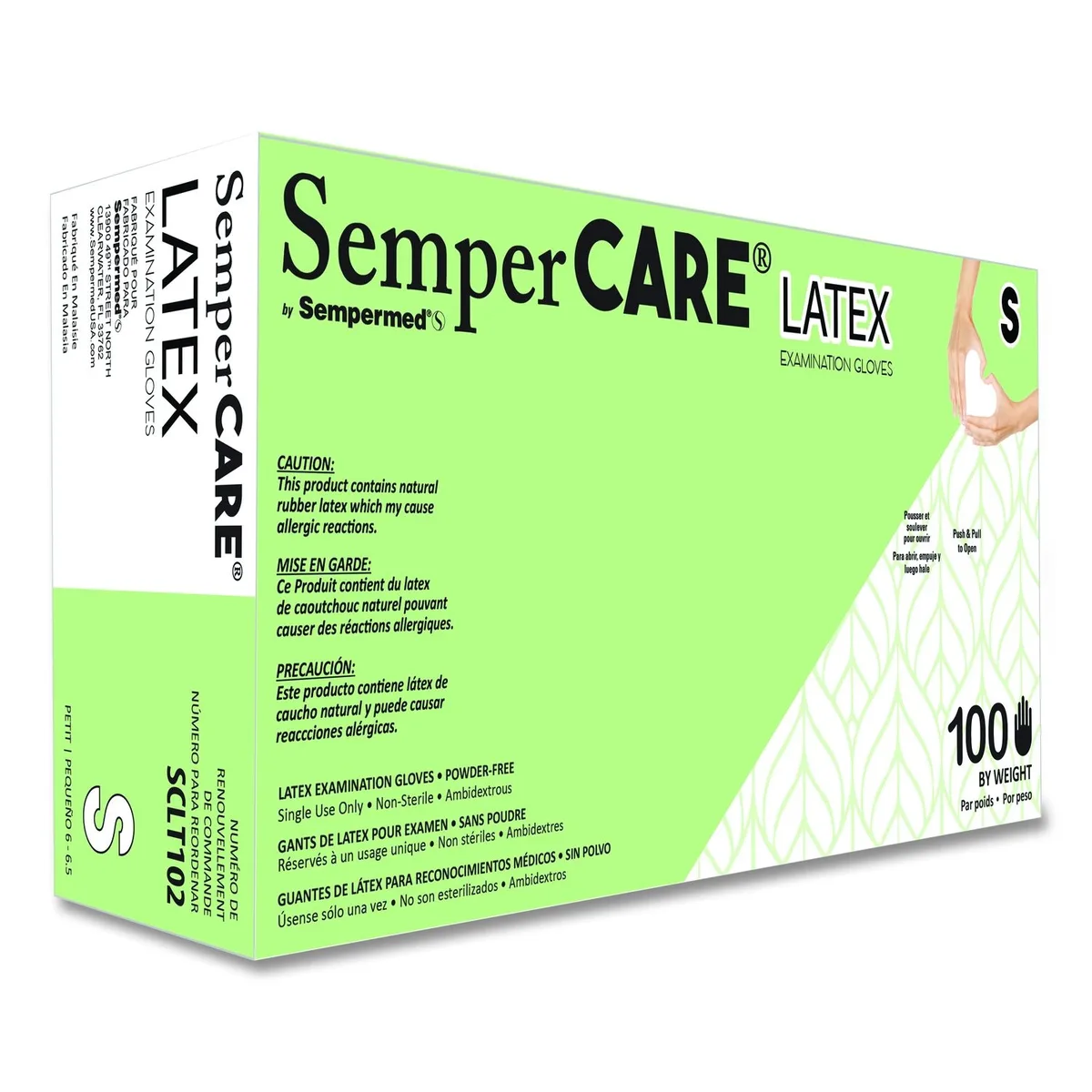 Cream latex examination gloves in a carton of ten boxes