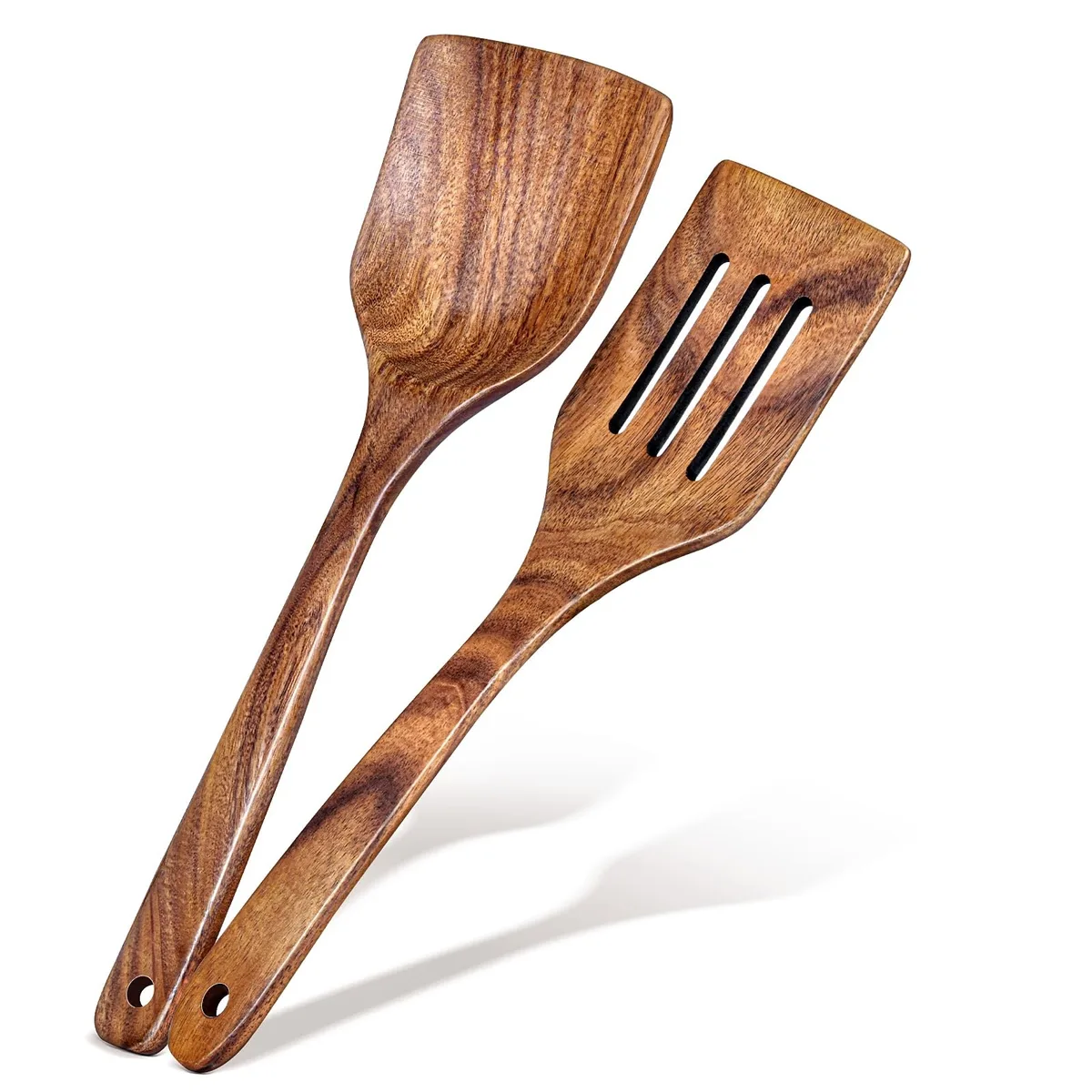 Two acacia wooden spatulas, one solid and one slotted, long handles, brown finish