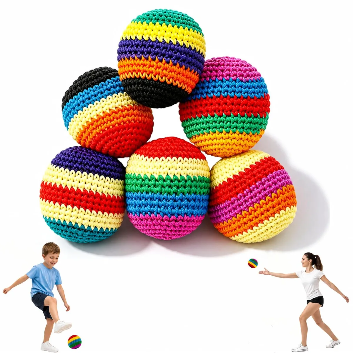 Six red hand-knitted footbags with sand-filled cores