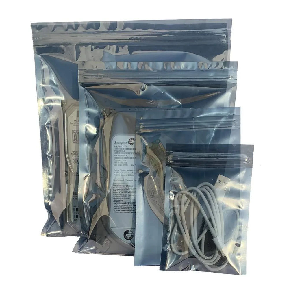 Pack of 40 metallised PET antistatic bags in four sizes with labels