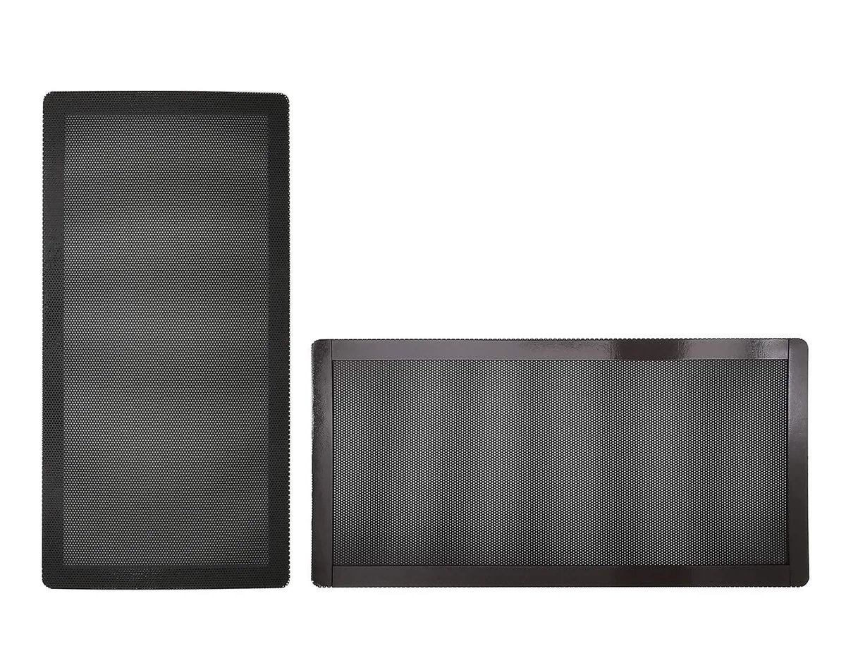 Two black rectangular magnetic dust filters with ultra-fine PVC mesh, 240 by 120 millimetres