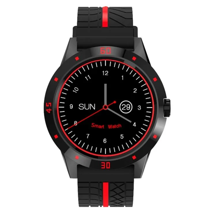 Red smartwatch with 1.3 inch TFT screen and silicone band