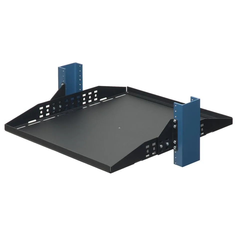 Black metal 2U shelf with adjustable center brackets and solid flat surface