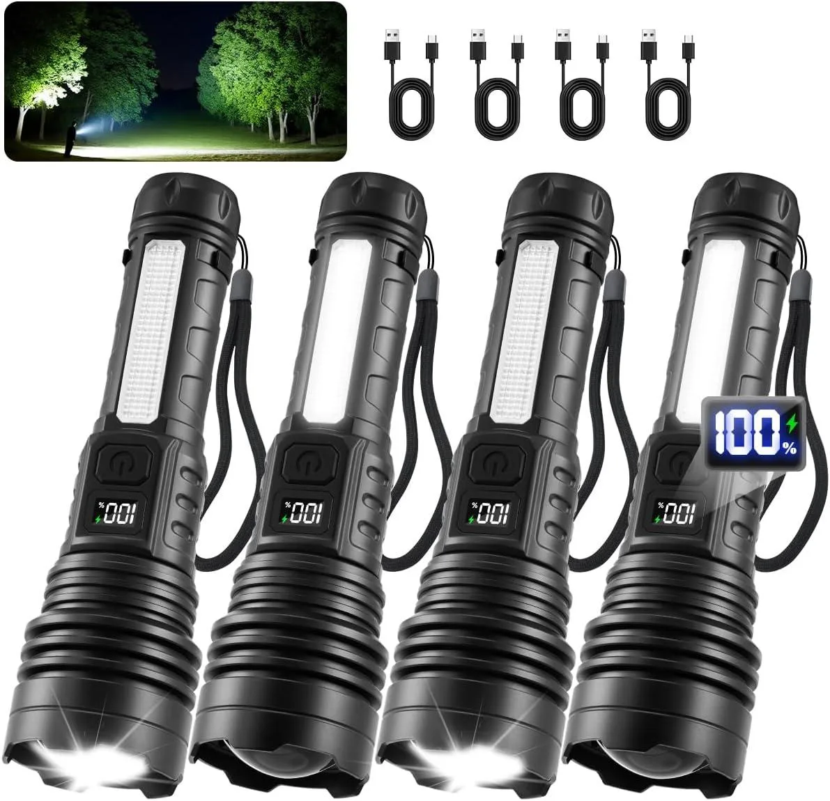 Four black tactical flashlights with LCD screens side by side