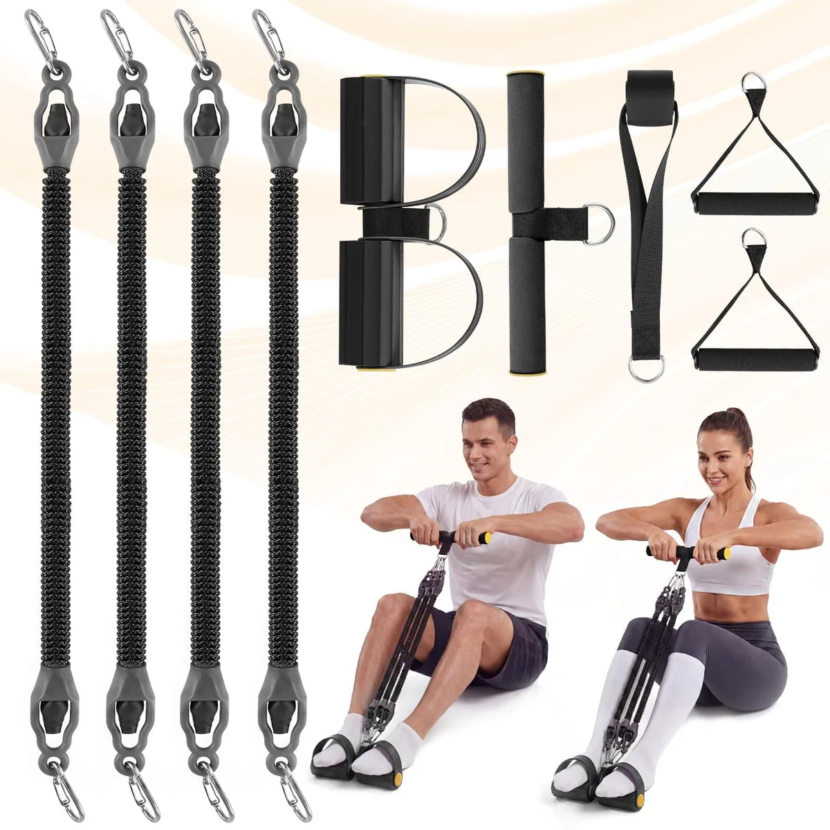 Black four-tube resistance band set with foam handles and foot pedals