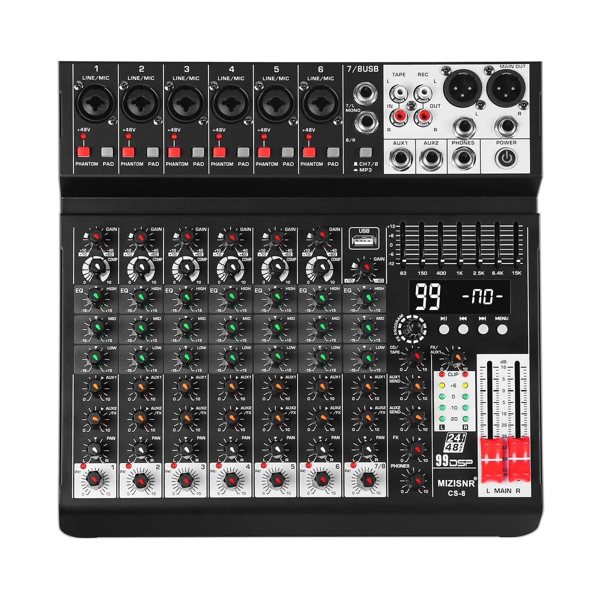  MIZISNR CS-8 8-Channel Audio Mixer 99 DSP 48V Phantom Power Bluetooth USB — product photo
