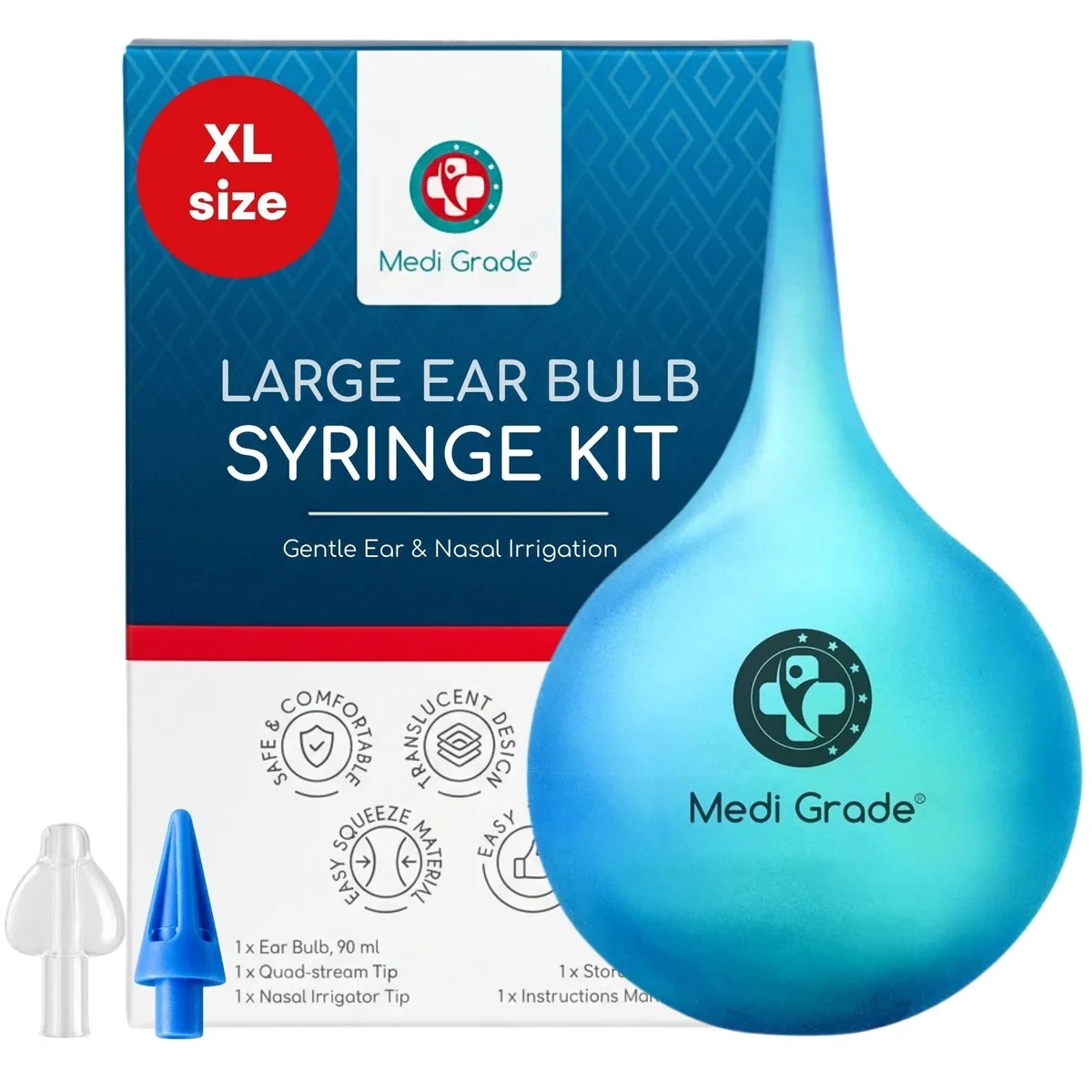 Blue rubber bulb syringe with quad-stream tip and storage bag