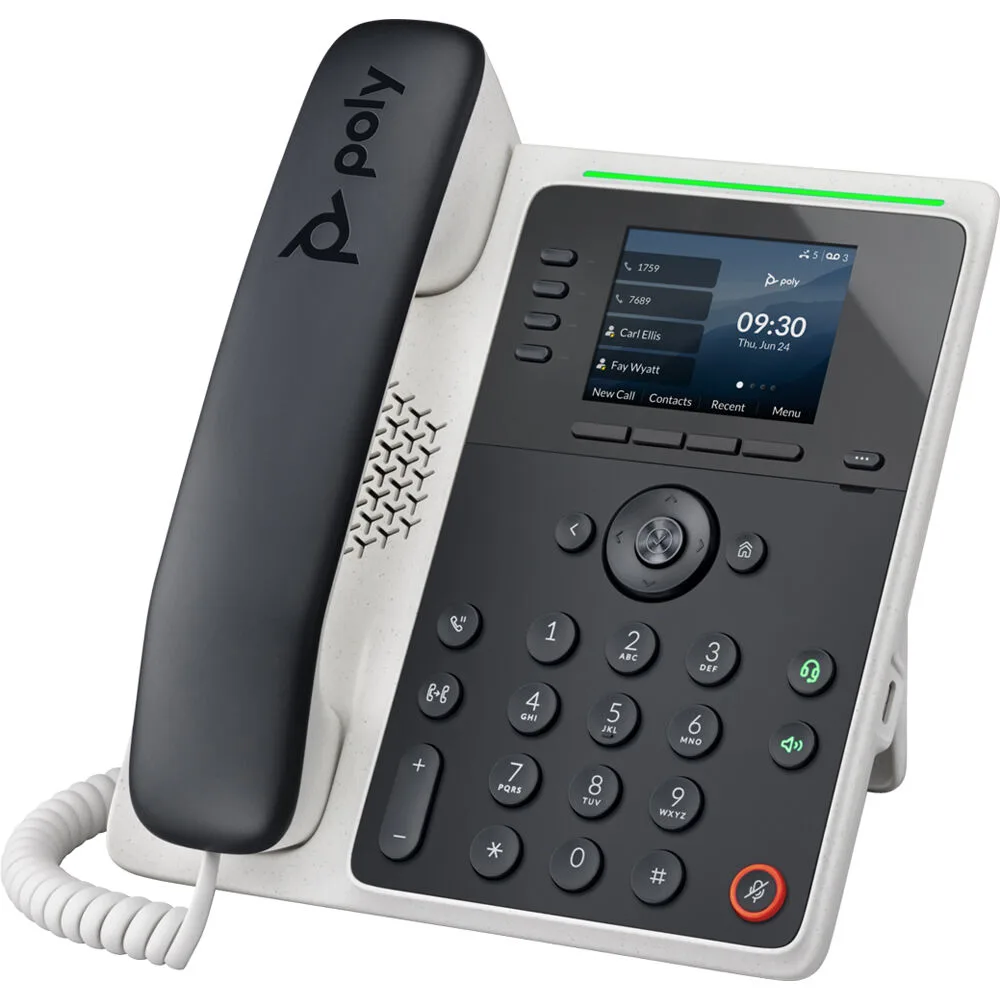 Black corded desktop VoIP phone with 2.8 inch color display and RGB lightbar status indicator