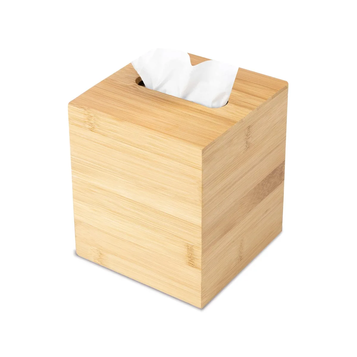Square bamboo tissue box cover with sliding bottom, light wood finish