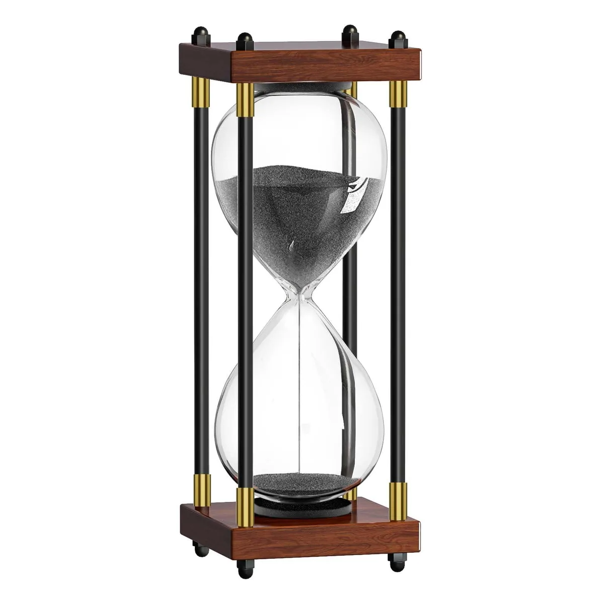 Yellow wooden-framed hourglass with black sand, 15-minute timer