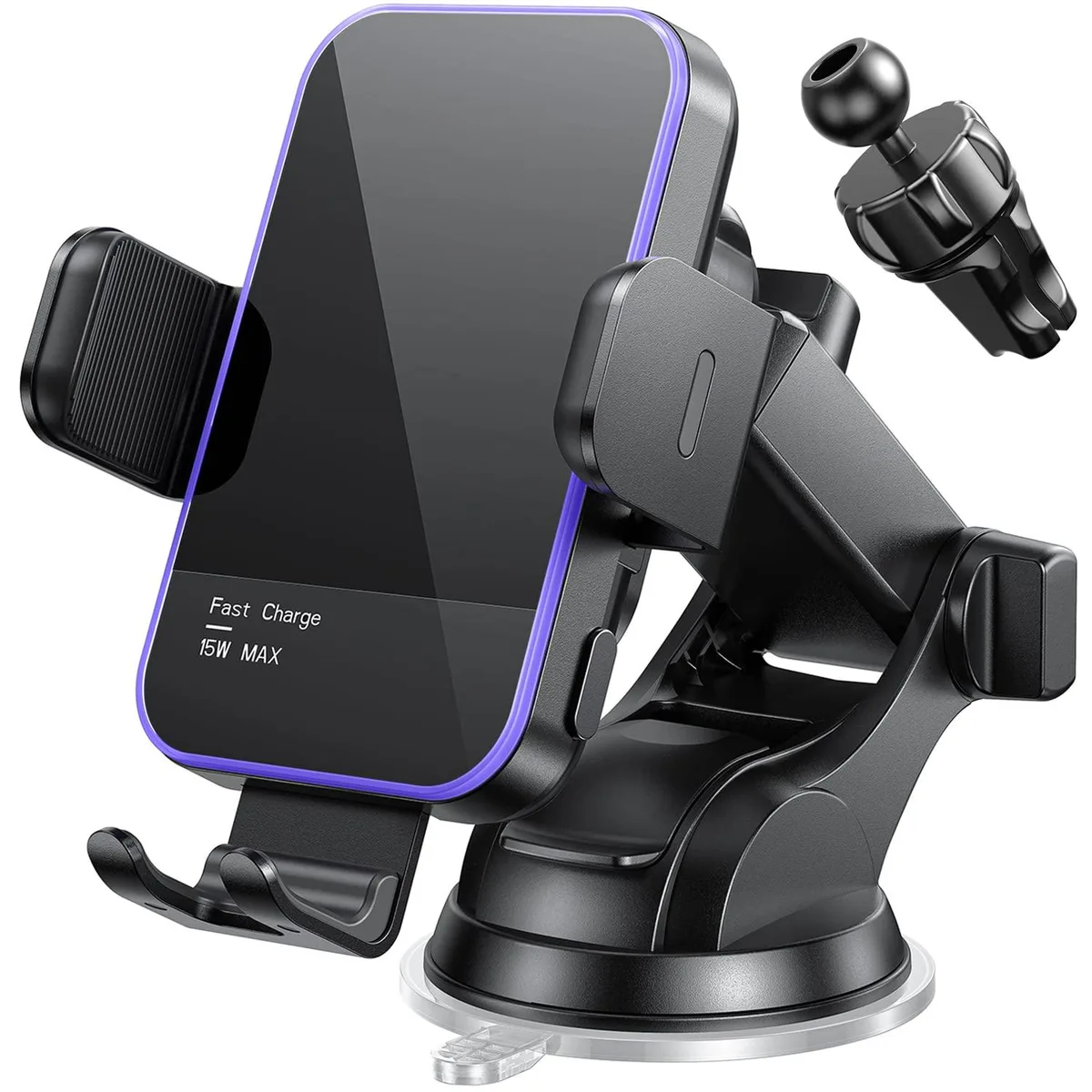 Mosurr wireless car charger with auto-clamping arms and RGB backlighting