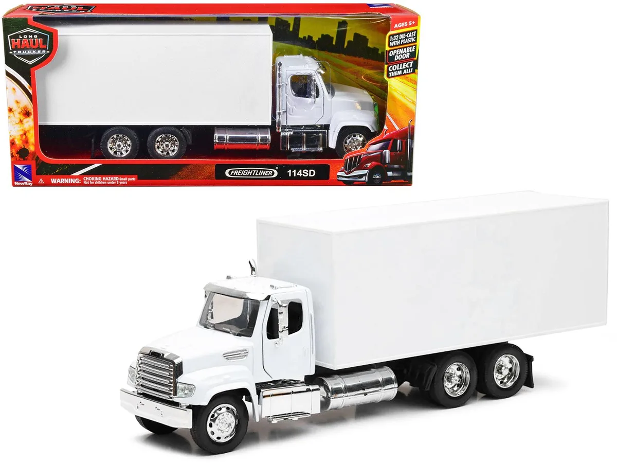 New Ray Toys New Ray Toys Freightliner 114SD Box Truck White Long Haul Trucker 1/32 Diecast Hobby Collectible — product photo