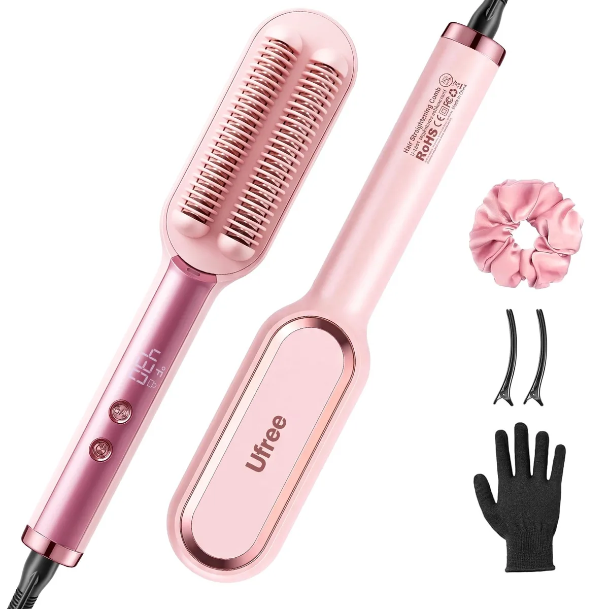 Pink hair straightener brush with double row teeth and LED display
