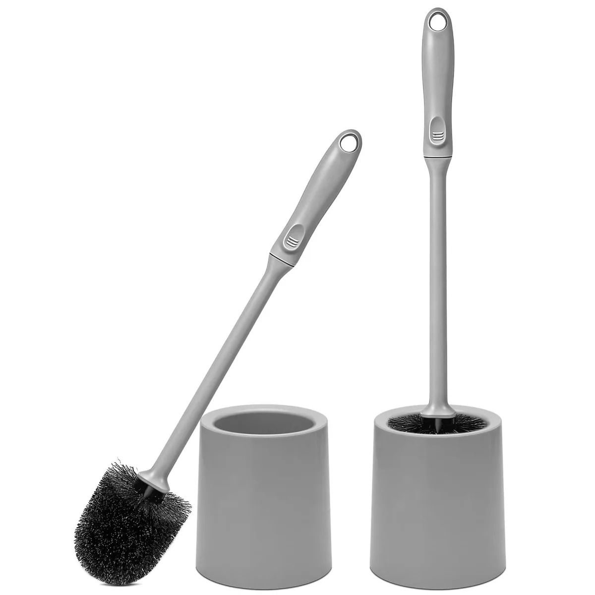 Two gray toilet brushes with long handles in matching holders