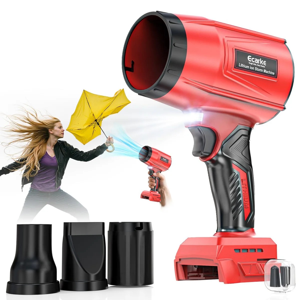 Handheld cordless leaf blower, compact light grey body with dark trigger, tool only