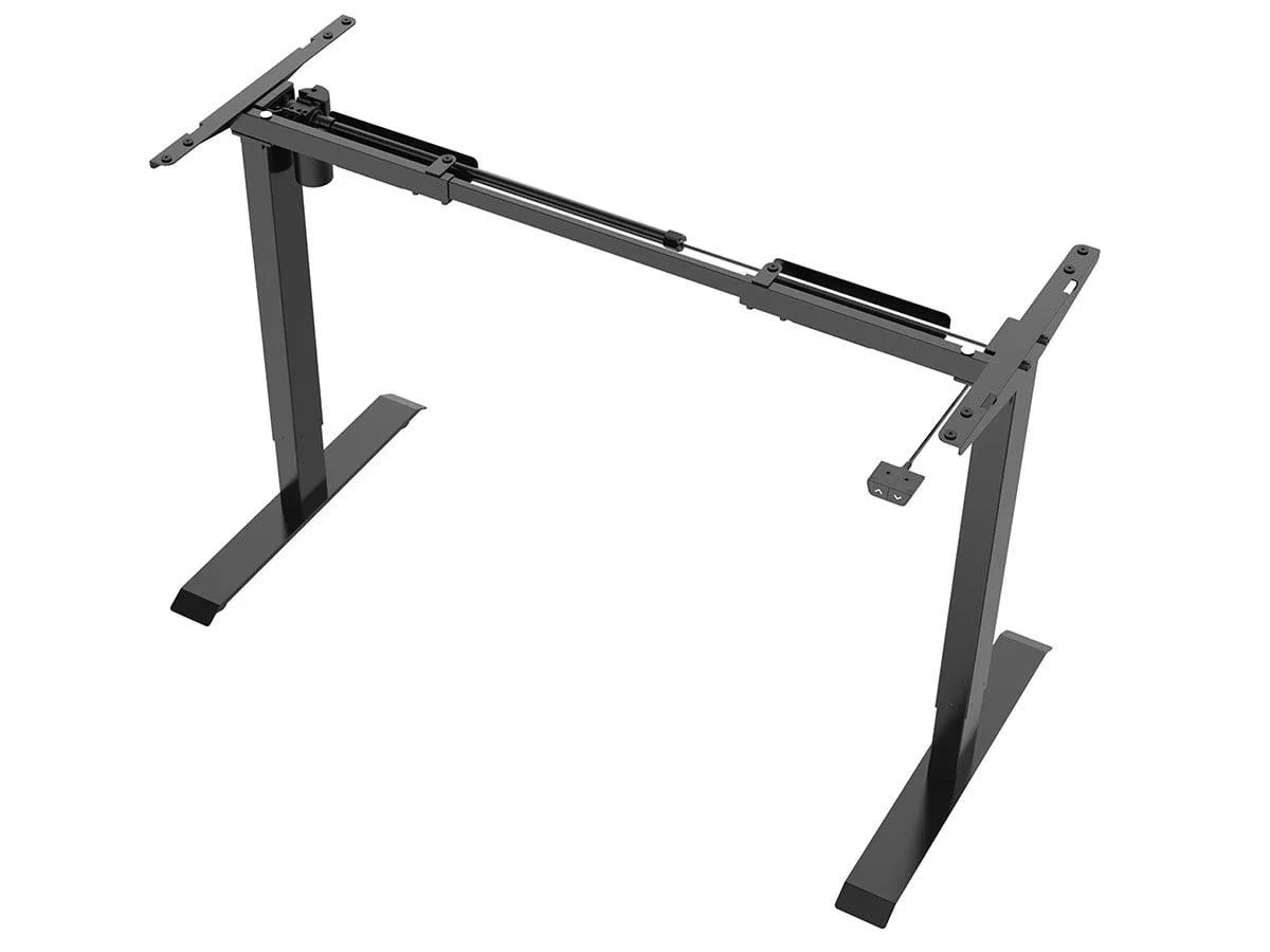 Black rectangular sit-stand desk frame with electric motor and simple controls