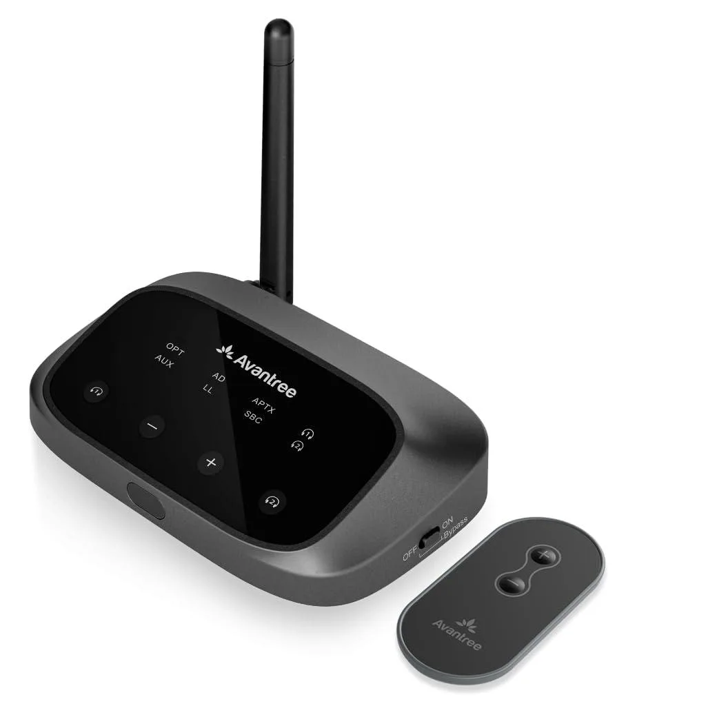 Compact black transmitter box with front volume buttons and rear optical plus AUX ports
