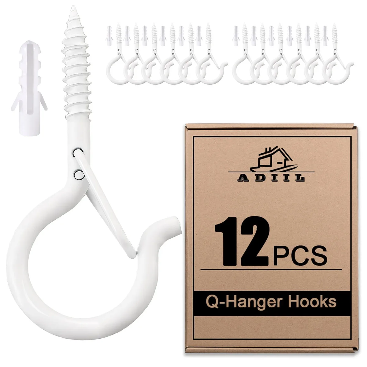 White metal screw hooks with safety buckles, 12 pieces