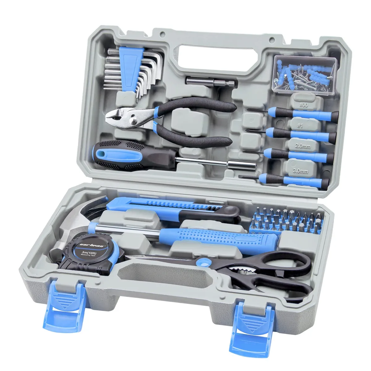 Light blue plastic toolbox with handle holding 126 tools