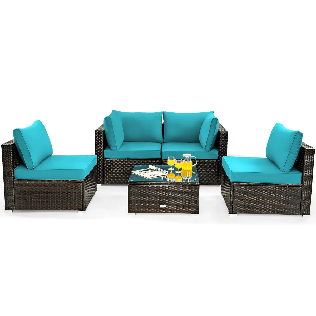 SlickBlue SlickBlue 5-Piece Cushioned Rattan Patio Furniture Set Turquoise — product photo