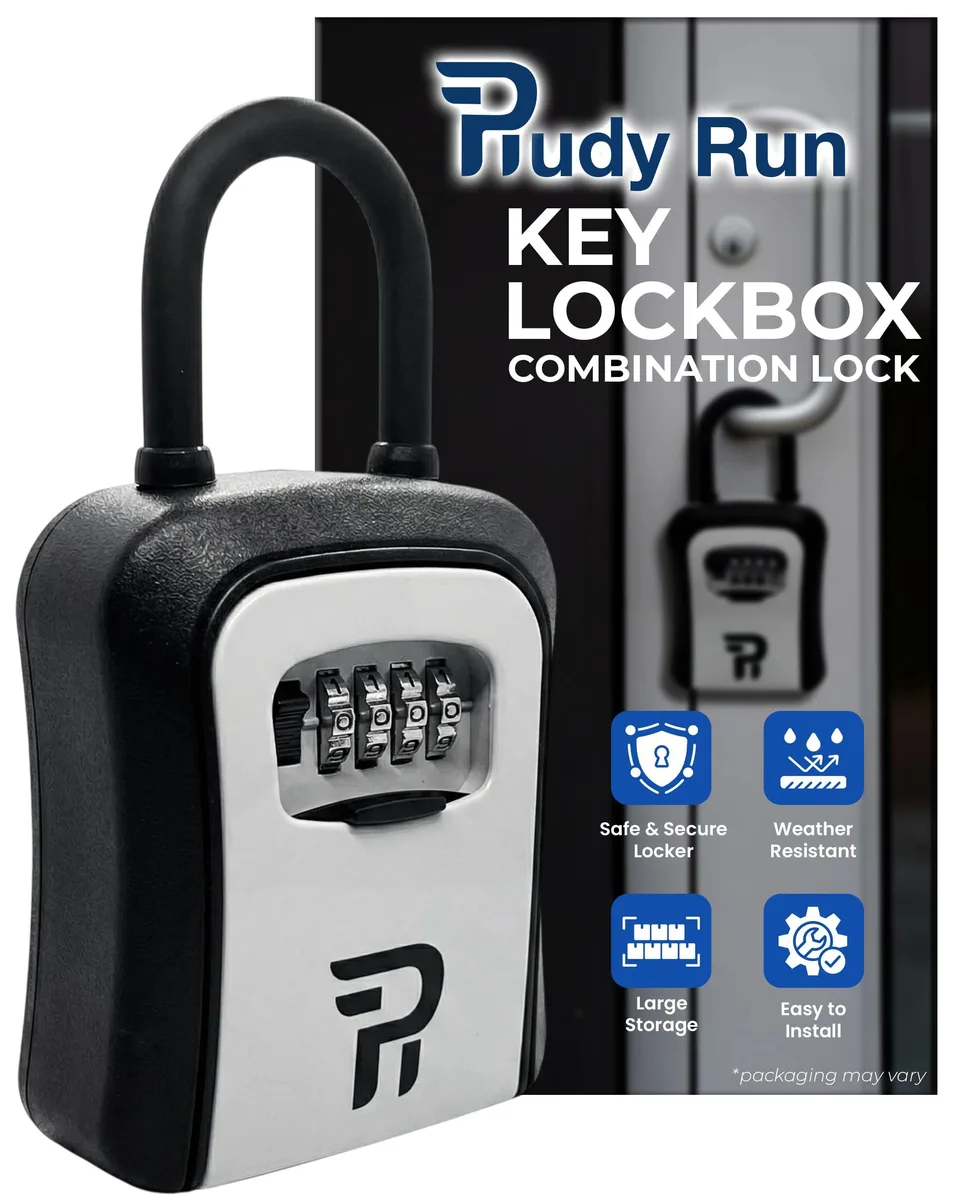 Black rectangular key lock box with shackle and combination dials