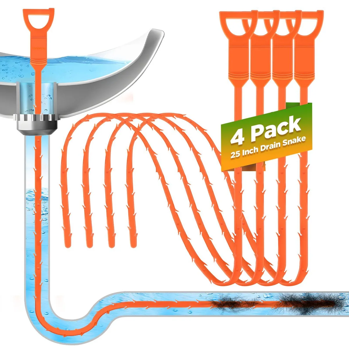 Four orange plastic drain snakes with loop handles and barbed shafts, 25 inches long, packed in a set of four